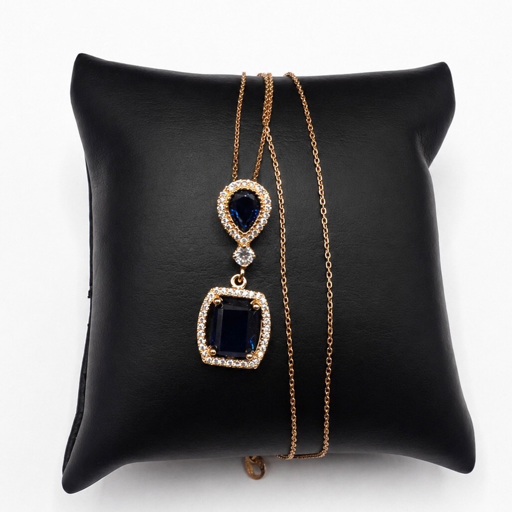 Rose Gold Over 925 Sterling Silver Blue Sapphire & CZ Halo Drop Necklace 16”